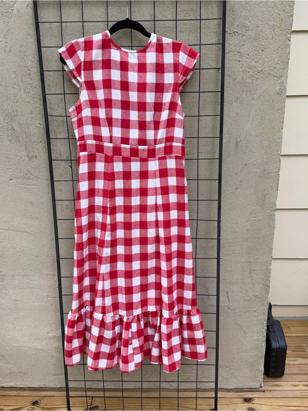 Red and White Gingham Ruffle Hem Midi Dress